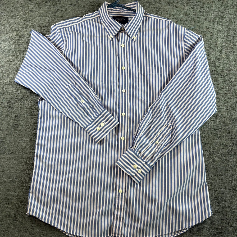 Charles Tyrwhitt Button Down Mens L Blue Striped Non-Iron Classic Fit Shirt - Picture 1 of 8